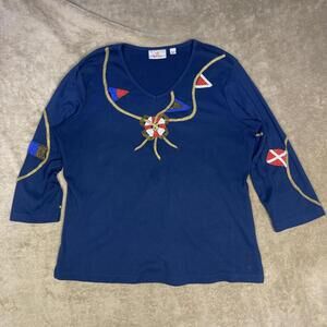 Quacker Factory Long Sleeve Shirt Womens Large Blue Embroidered Nautical Theme